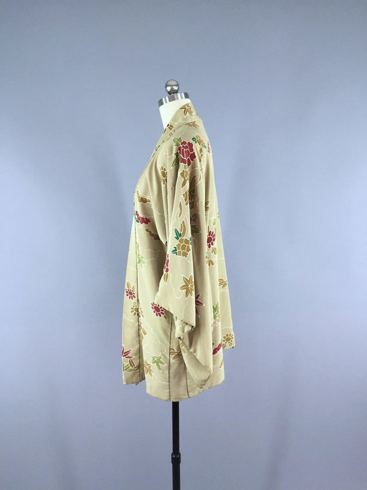 1950s Vintage Silk Haori Kimono Cardigan / Sage Green Floral