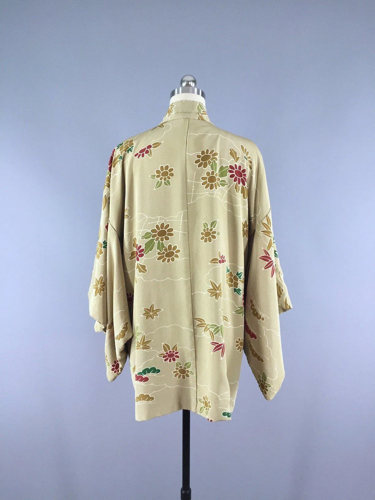 1950s Vintage Silk Haori Kimono Cardigan / Sage Green Floral