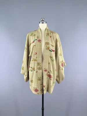 1950s Vintage Silk Haori Kimono Cardigan / Sage Green Floral