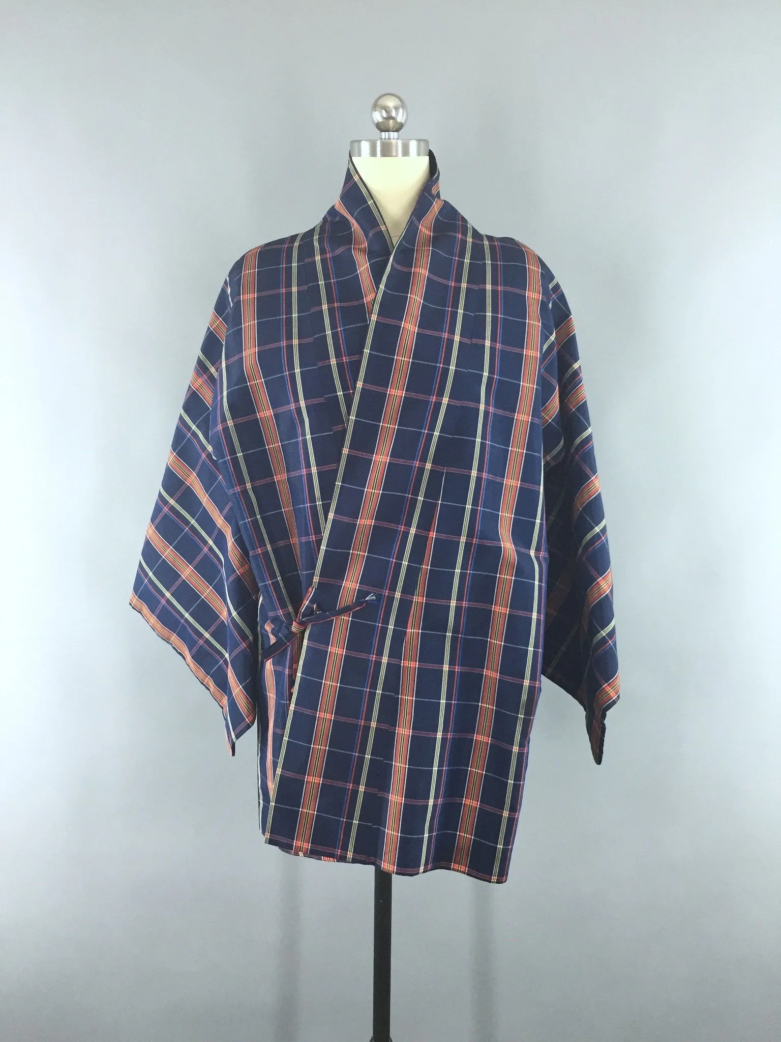 1980s Vintage Haori Kimono Cardigan Blue Plaid Wrap Coat Douchugi