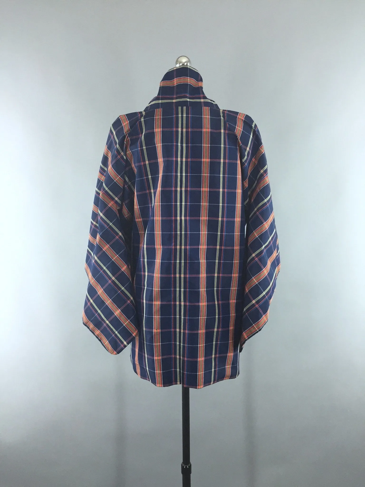 1980s Vintage Haori Kimono Cardigan Blue Plaid Wrap Coat Douchugi