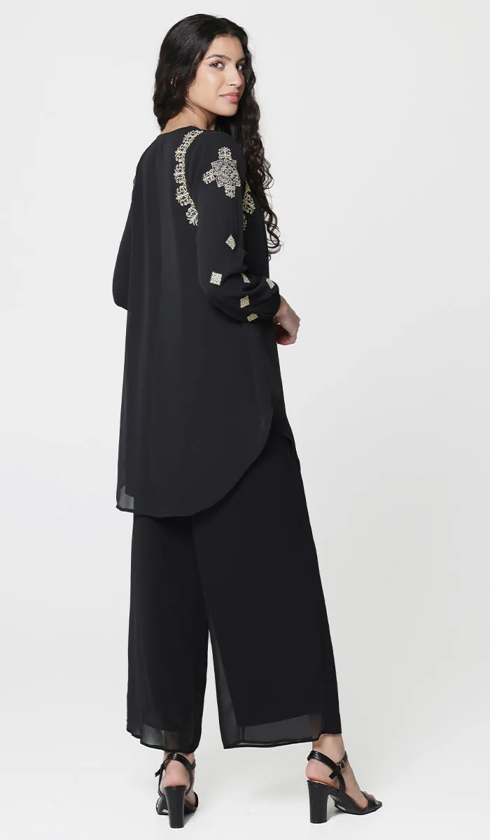 Azmi Gold Embroidered Long Modest Tunic - Black