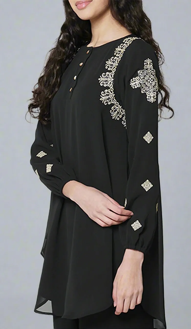 Azmi Gold Embroidered Long Modest Tunic - Black