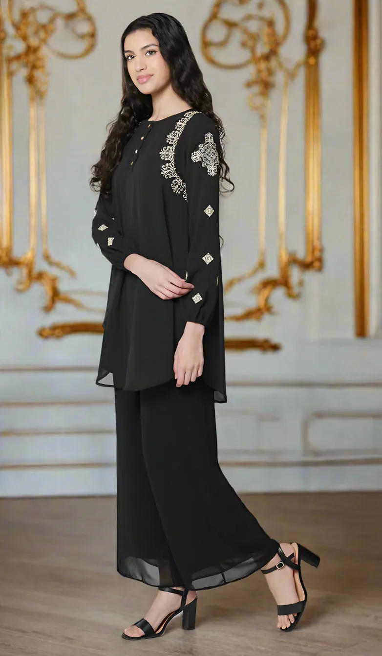 Azmi Gold Embroidered Long Modest Tunic - Black