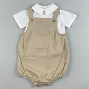 Baby Boy Dungaree Romper and Shirt Outfit - Beige