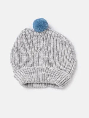 Baby Boy Knitted Hat with Blue Pom-pom - Grey