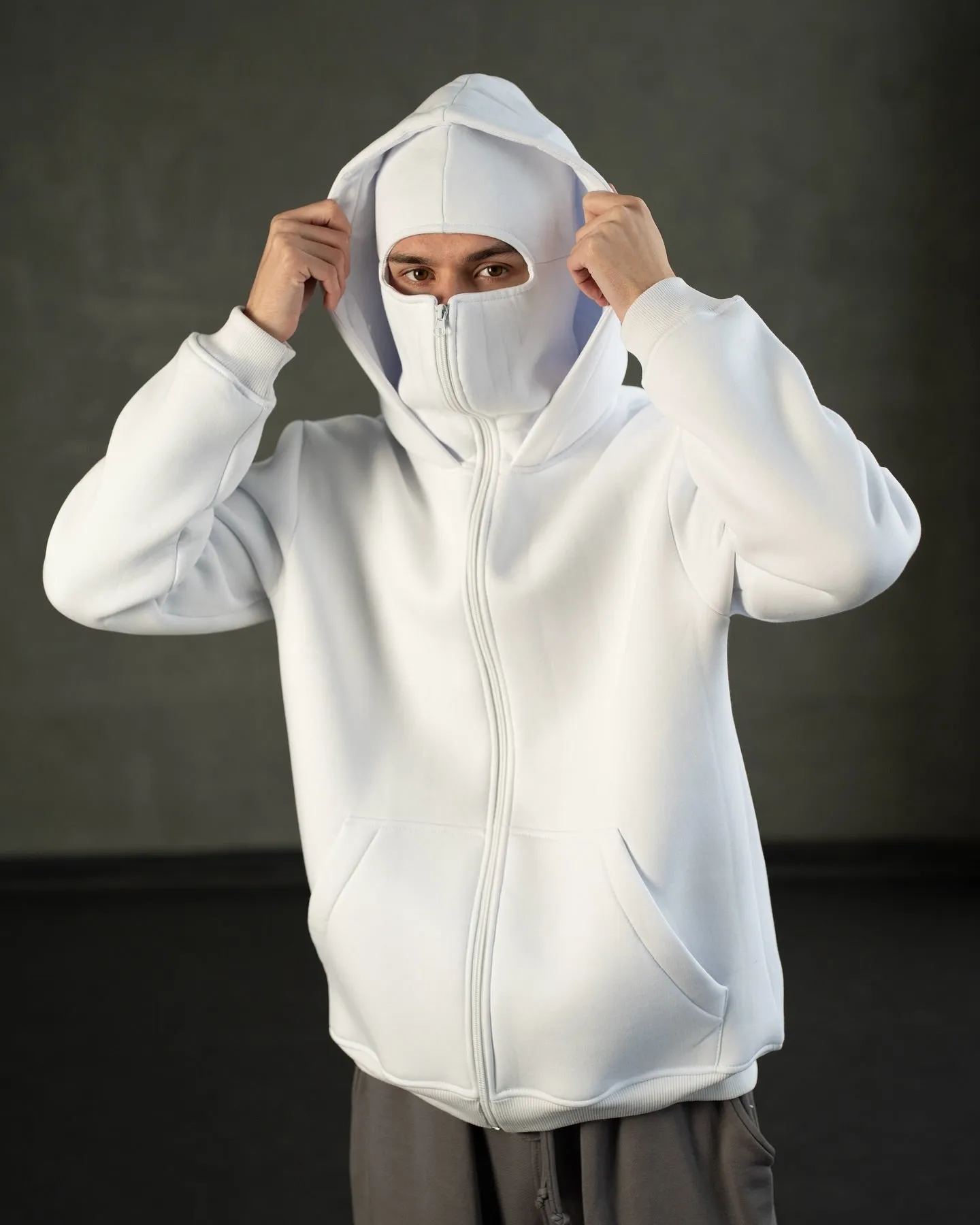 Balaclava White Relaxed Fit Fleece Zip Up Hoodie For Men's