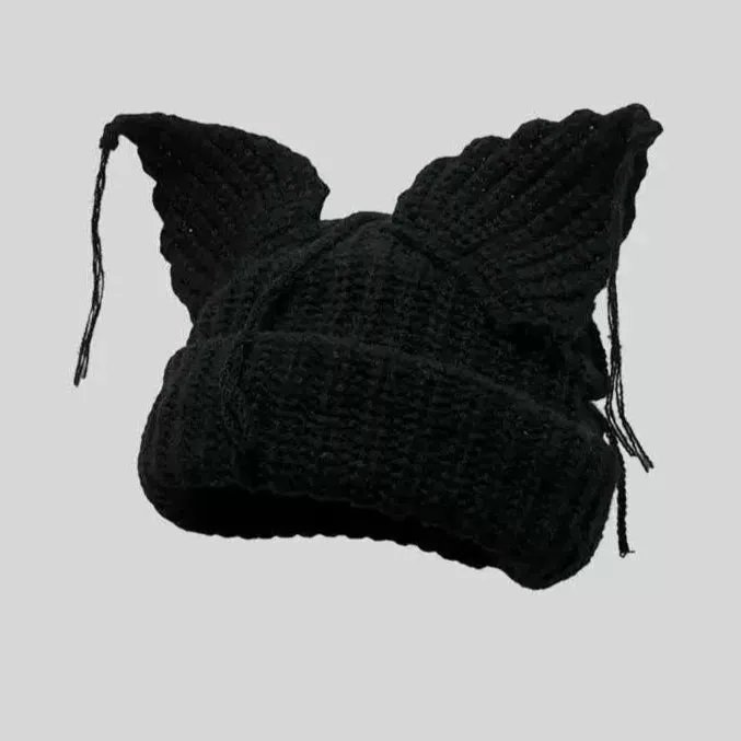 Black Trendy Woolen Knit Hat with Cat Ears