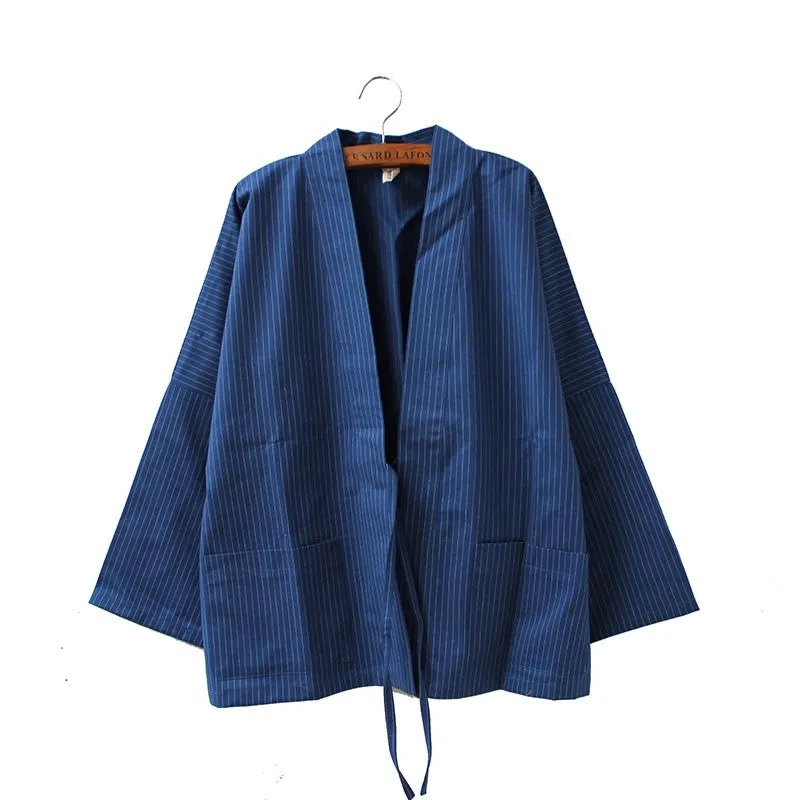 Blue Striped Cotton Blend Kimono Cardigan