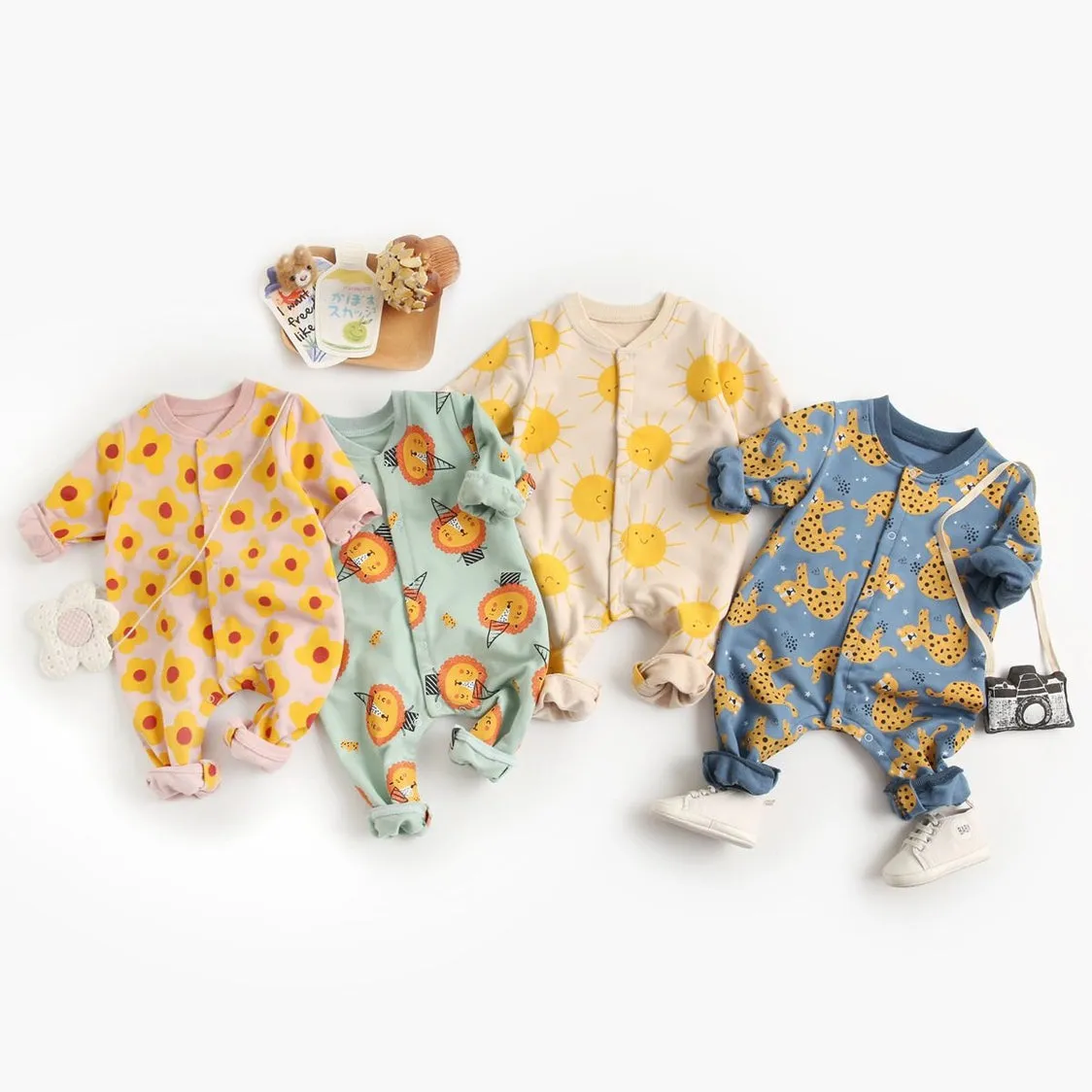 BRIGHT EARTHY BABY Blue Tigers Cotton Long-Sleeve Romper