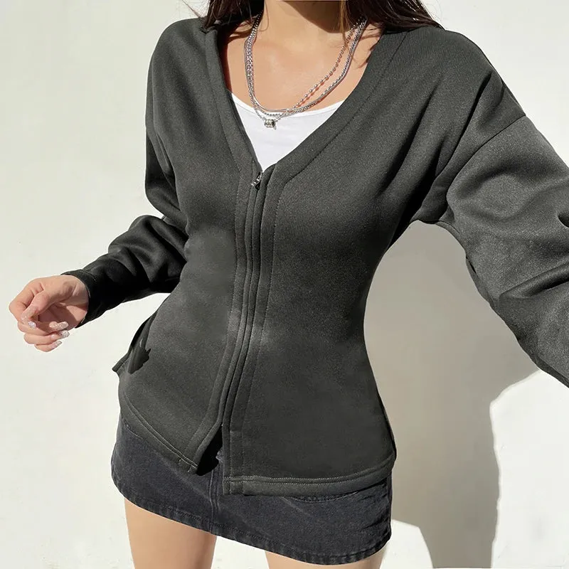 Casual Fleece Autumn Winter Jacket Women Solid Zip Up Coat V Neck Streetwear Basic Outwear Korean Jackets Long Sleeve