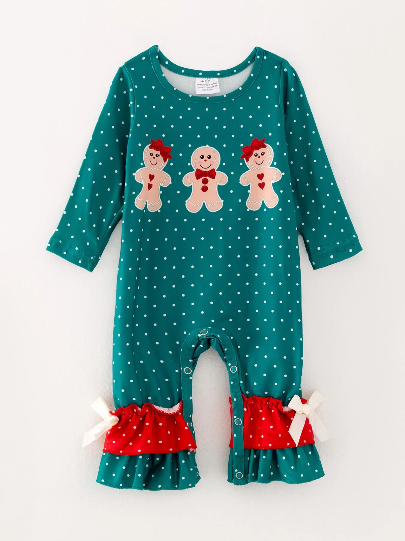 Christmas Gingerbread Man Print Green Girls Romper