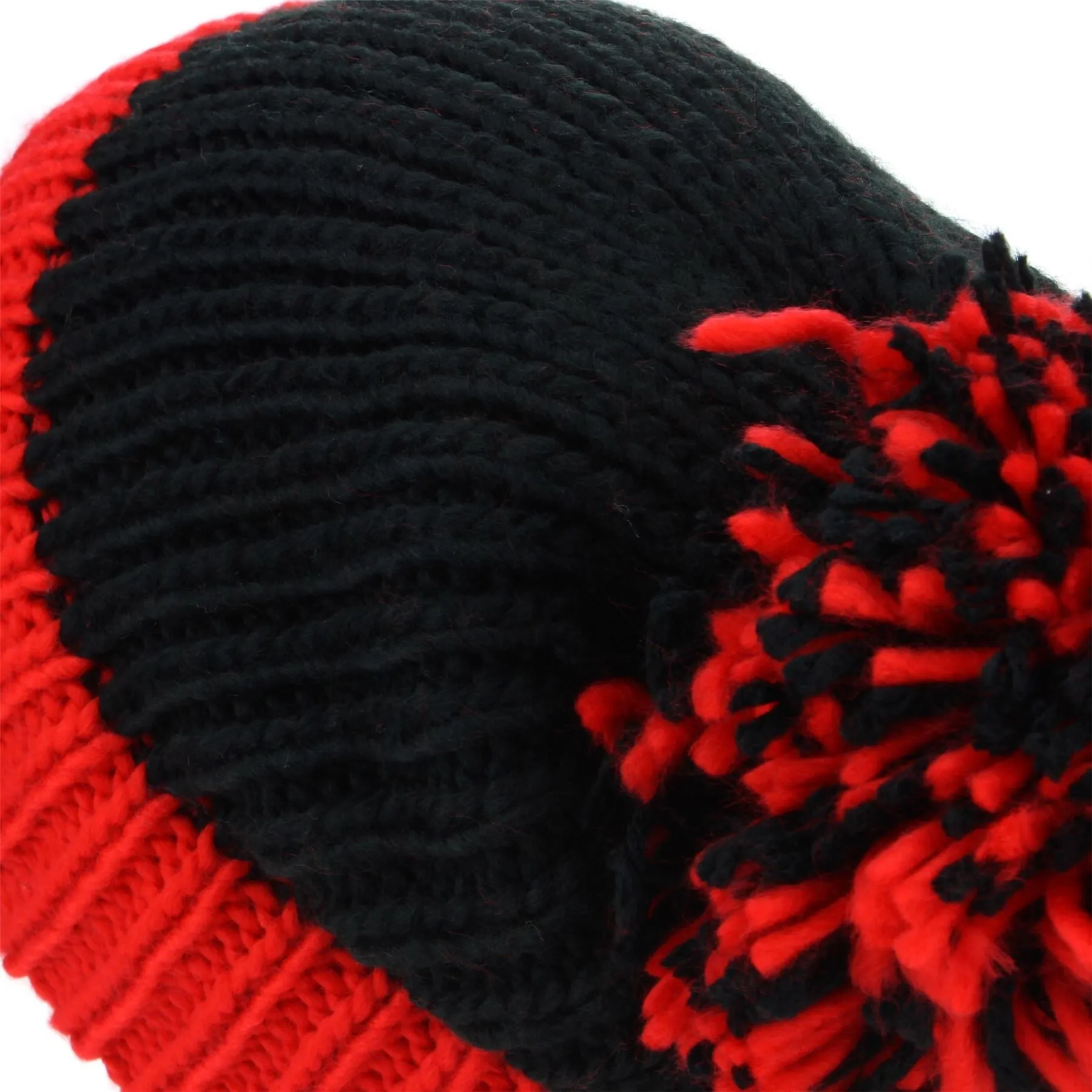 Chunky Acrylic Knit Beanie Hat with a MASSIVE Bobble - Red & Black