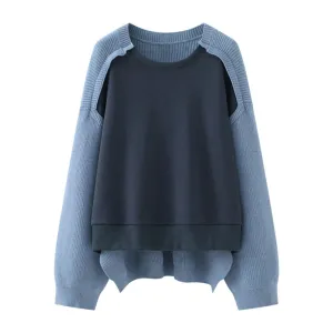 Colorblock Casual Loose Knitting Sweaters For Women Round Neck Long Sleeve Chic Pullover Sweater Female Fashion