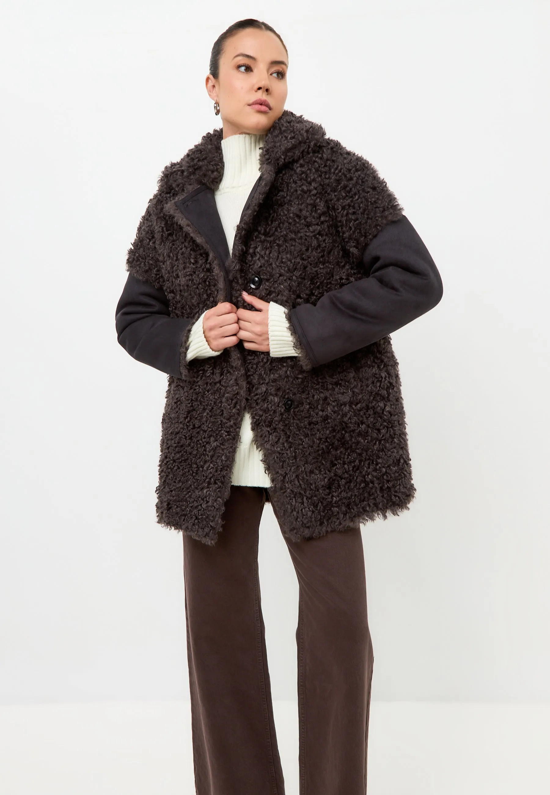 Cozy Black Shearling Coat Eva - Brown