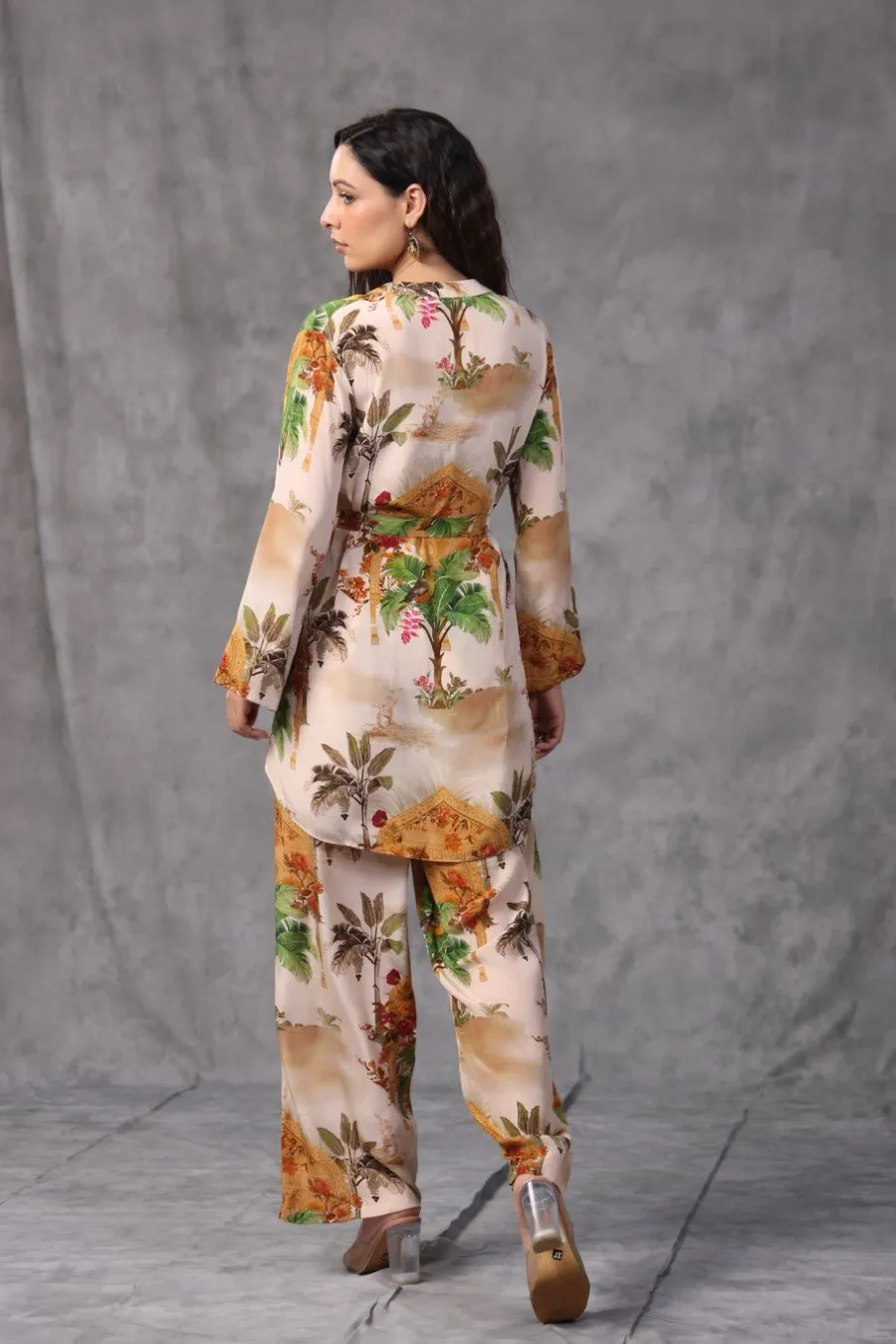 Cream Tropical Printed Moorish Crepe Co-ord Set