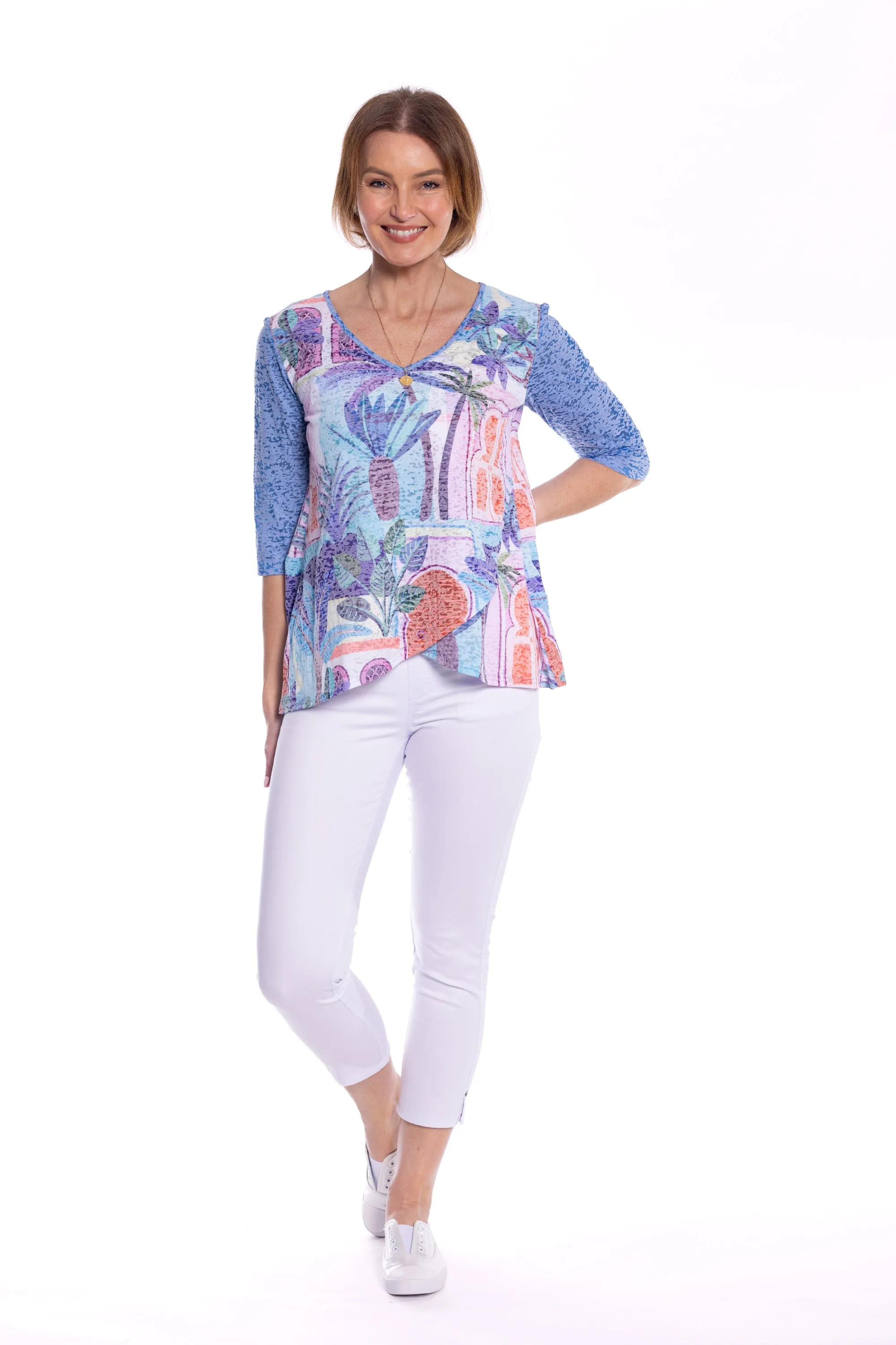 Cross Over Printed Tunic Top by Café Latte - Ocean Blue