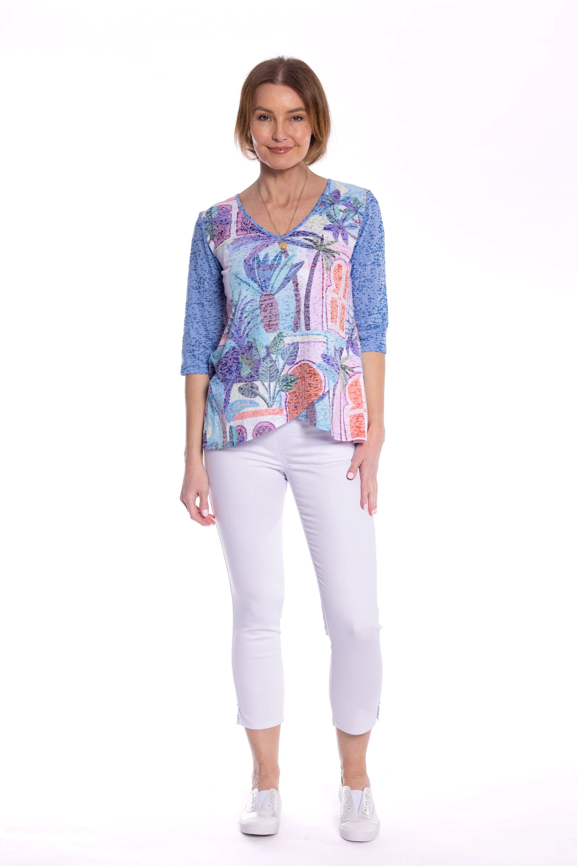 Cross Over Printed Tunic Top by Café Latte - Ocean Blue