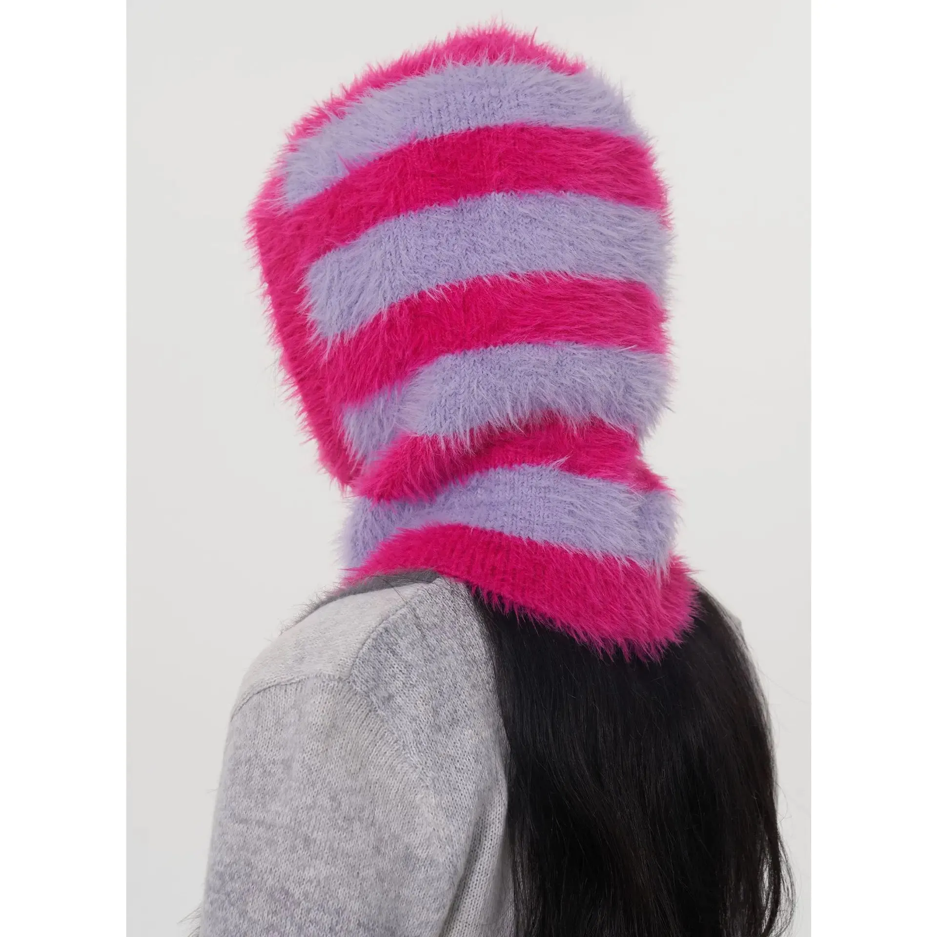 Design Knitted Women's Double Color Stripe Mink Balaclava Cap