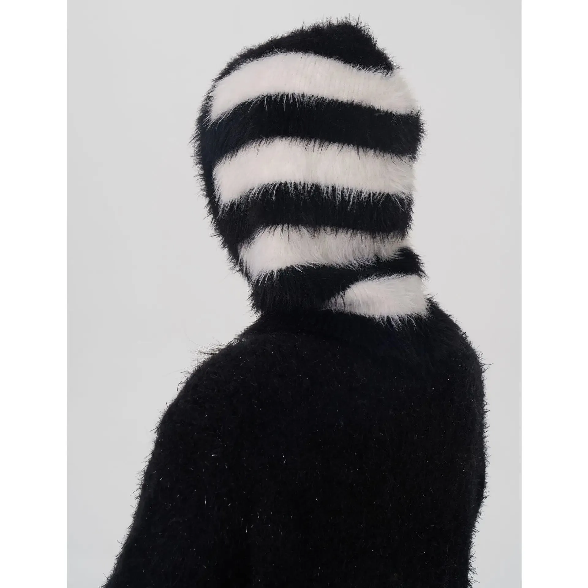 Design Knitted Women's Double Color Stripe Mink Balaclava Cap