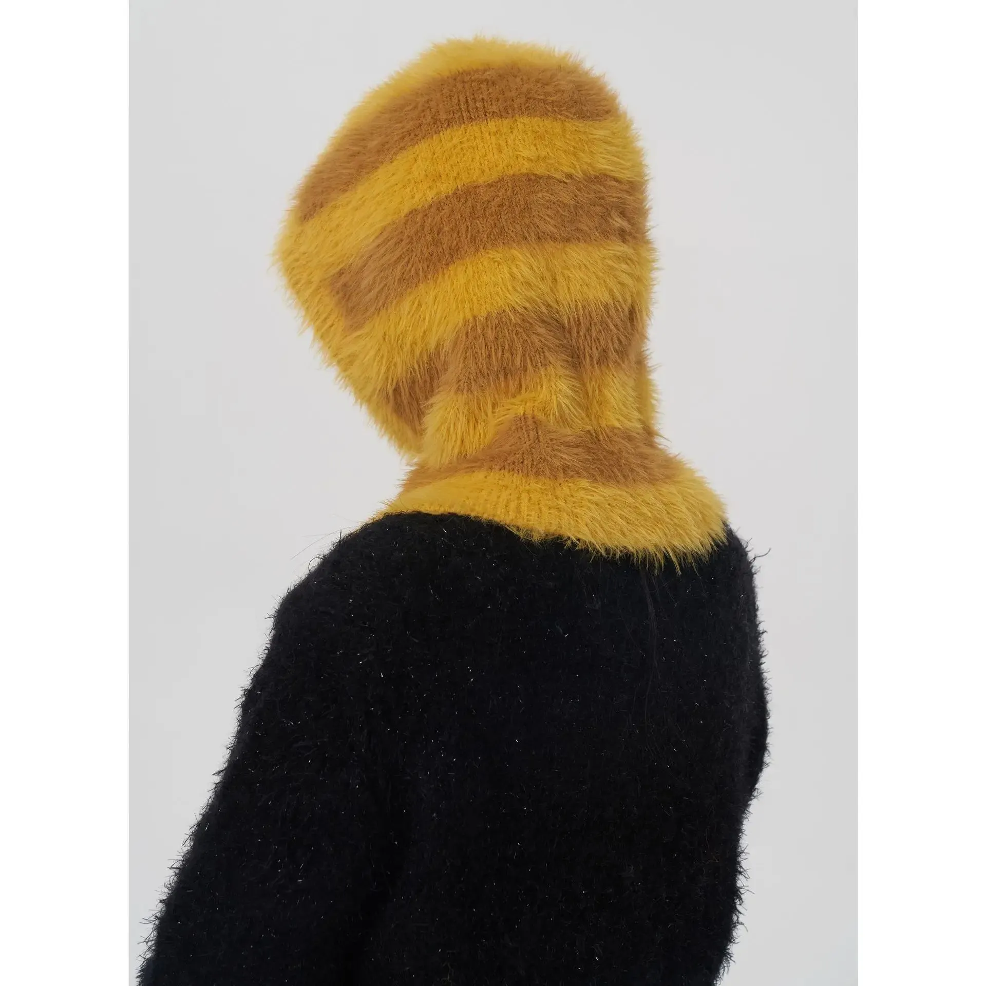 Design Knitted Women's Double Color Stripe Mink Balaclava Cap