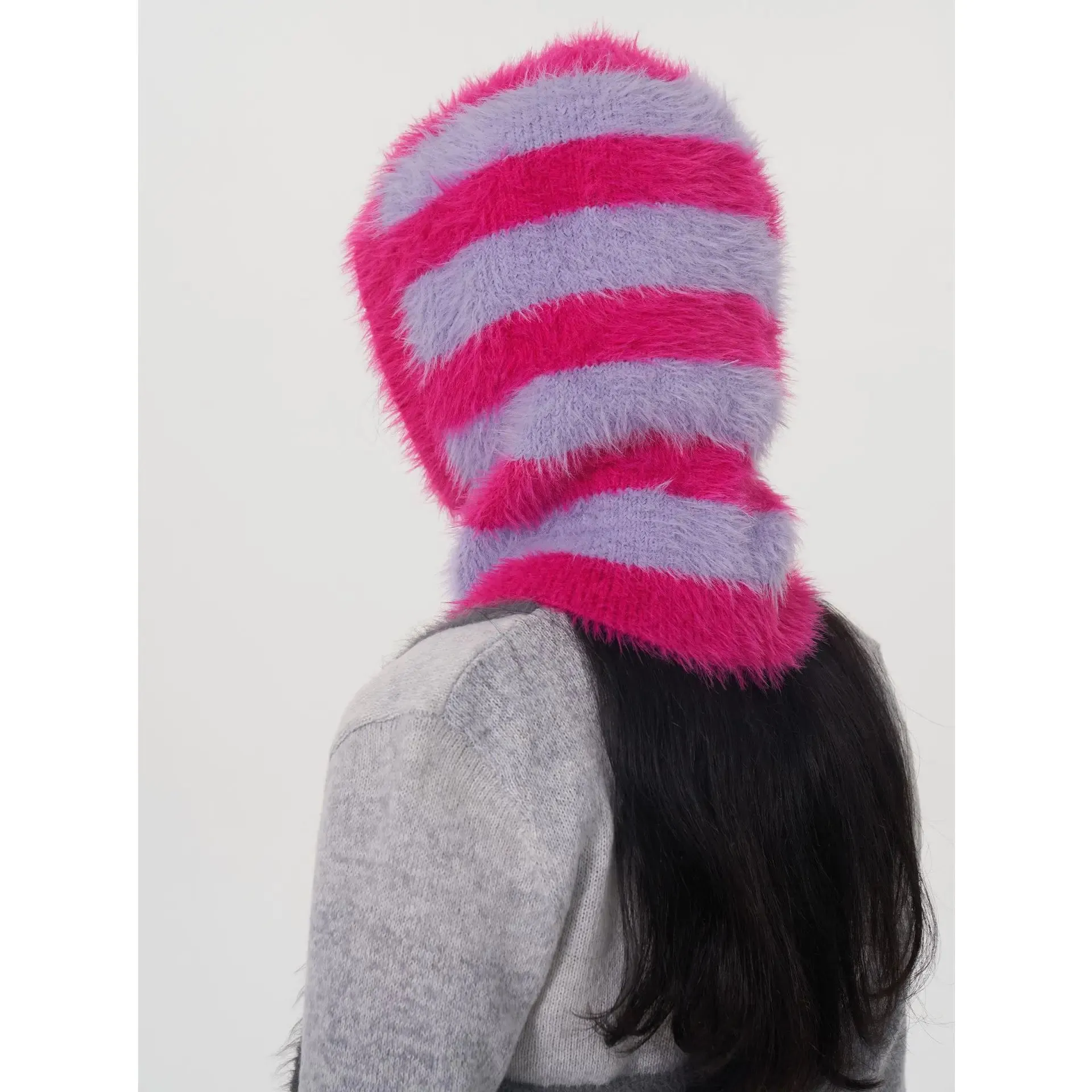 Design Knitted Women's Double Color Stripe Mink Balaclava Cap