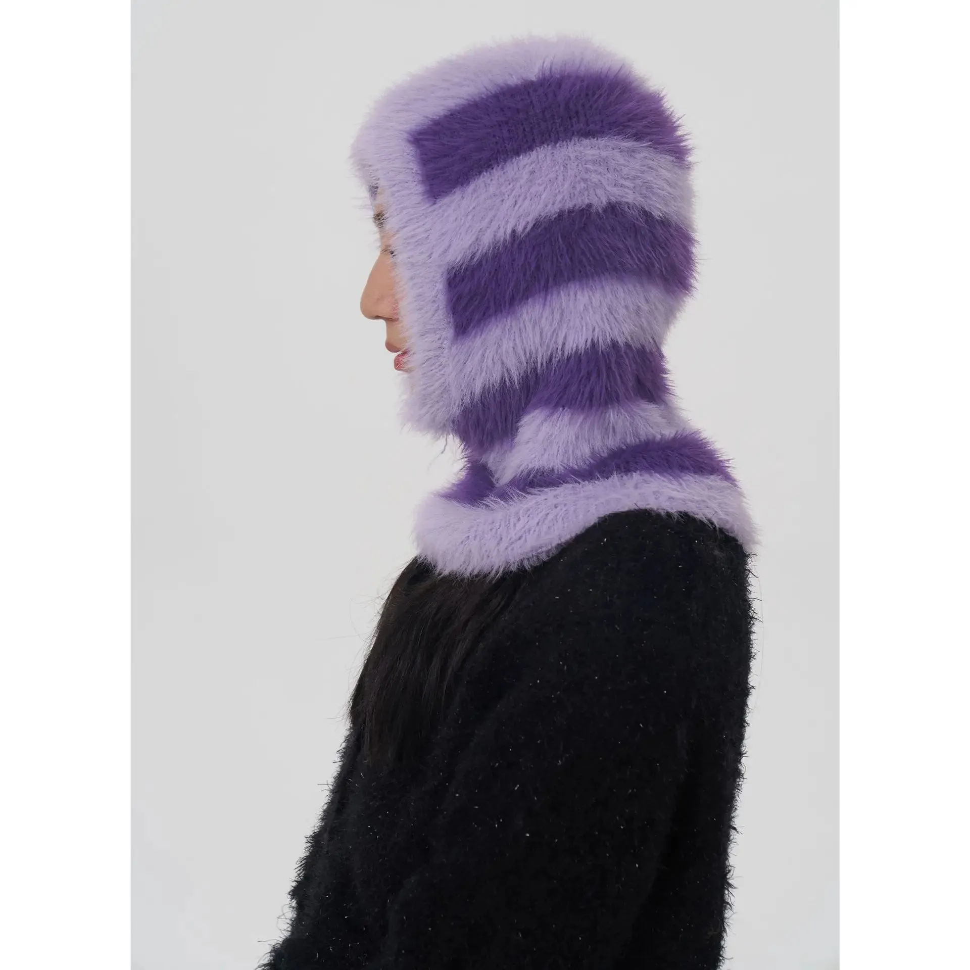 Design Knitted Women's Double Color Stripe Mink Balaclava Cap