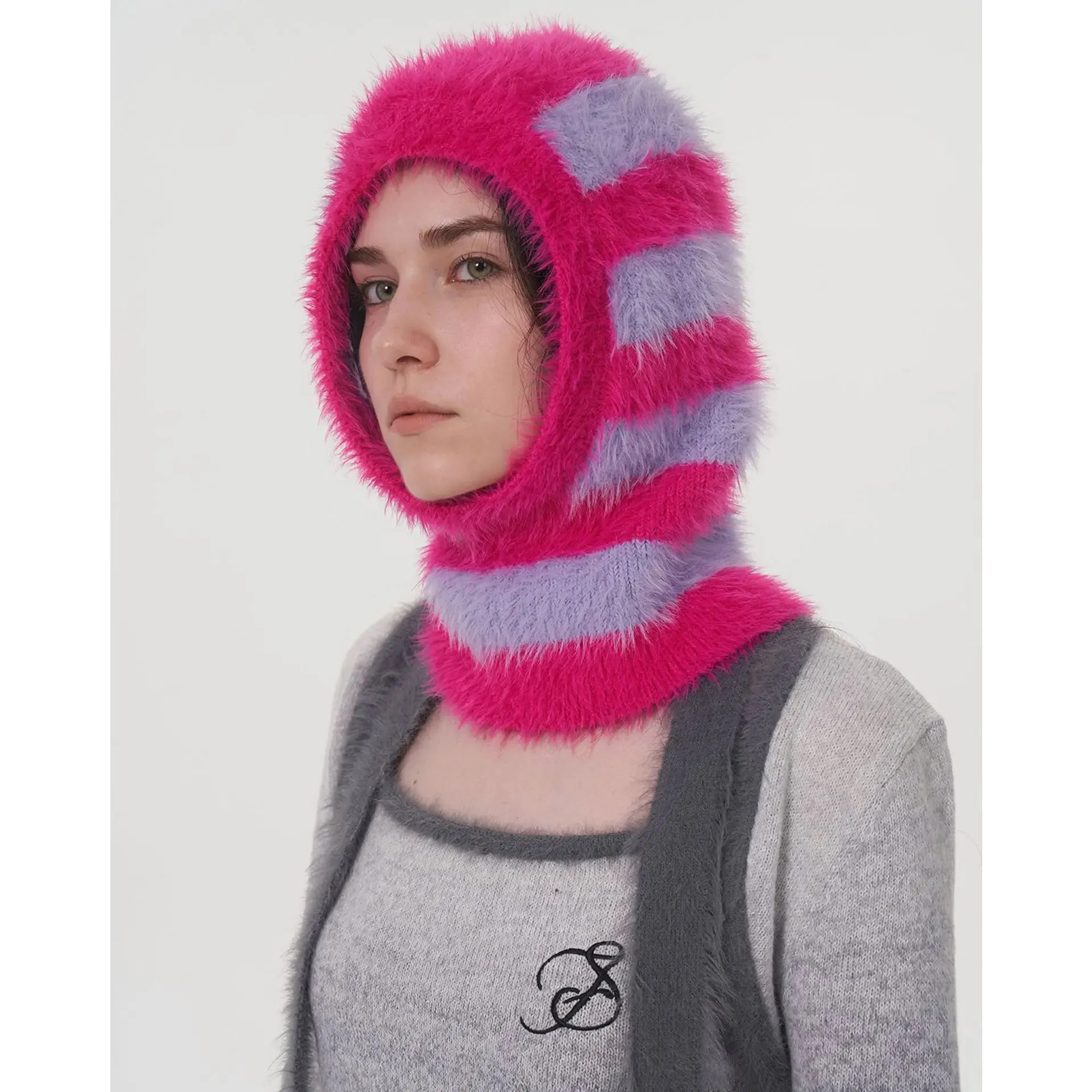 Design Knitted Women's Double Color Stripe Mink Balaclava Cap