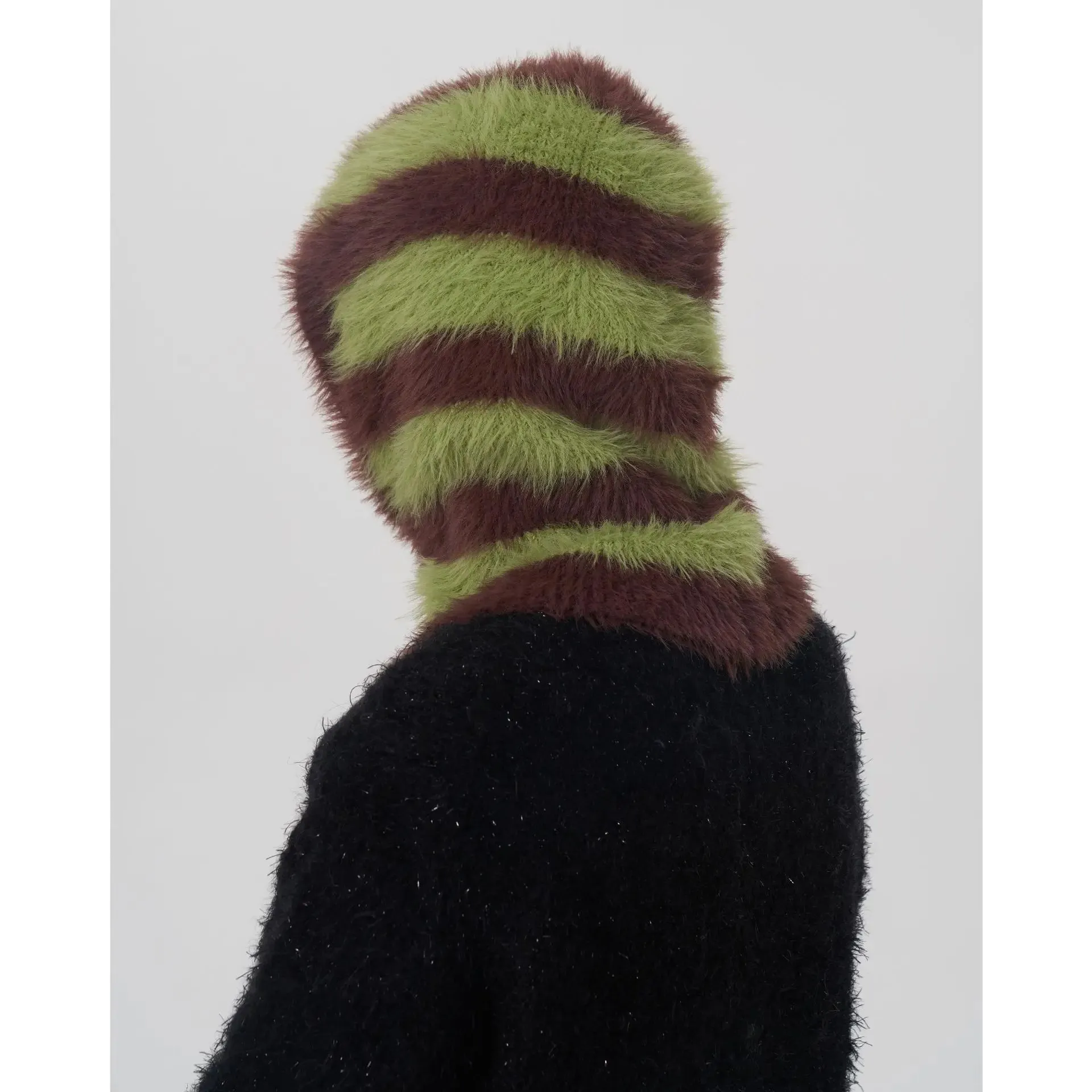 Design Knitted Women's Double Color Stripe Mink Balaclava Cap