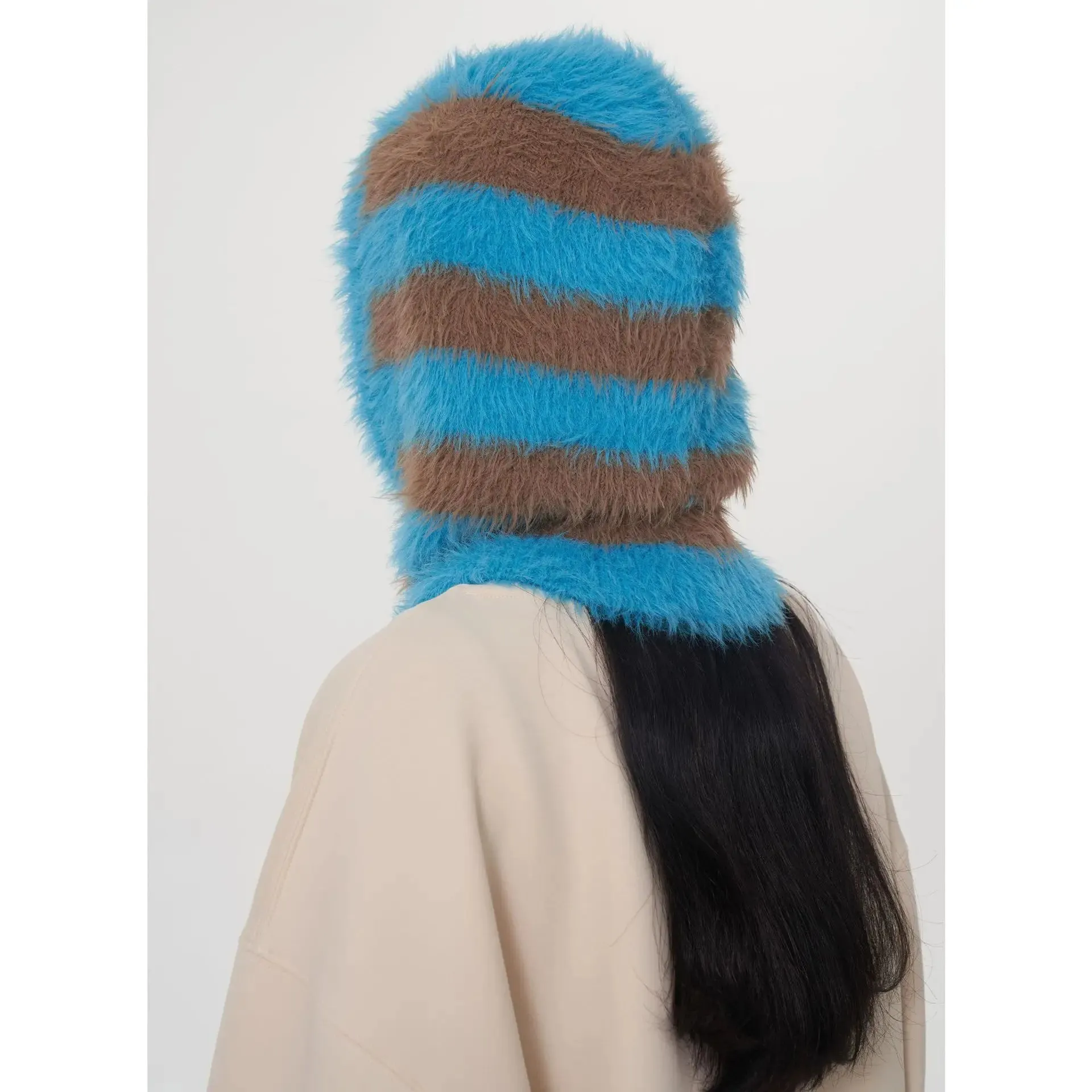 Design Knitted Women's Double Color Stripe Mink Balaclava Cap