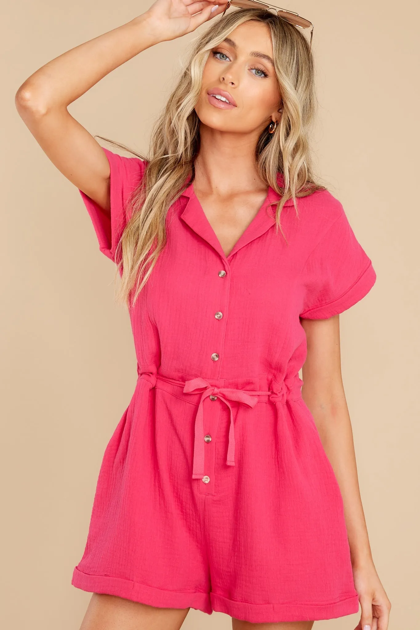 Ease Along Hot Pink Cotton Romper