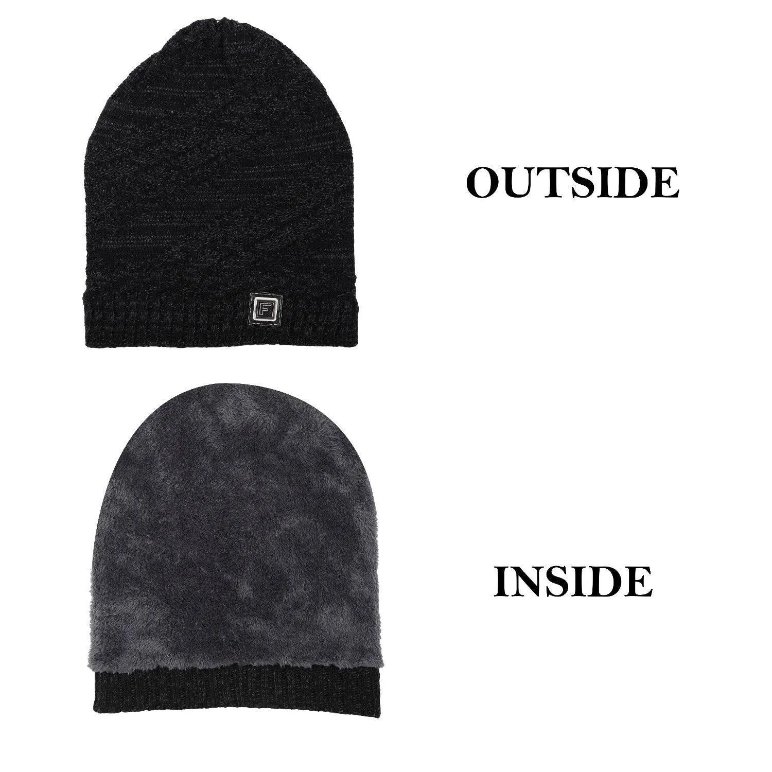 Fabseasons Unisex Acrylic Black Woolen Beanie for winters with faux fur lining