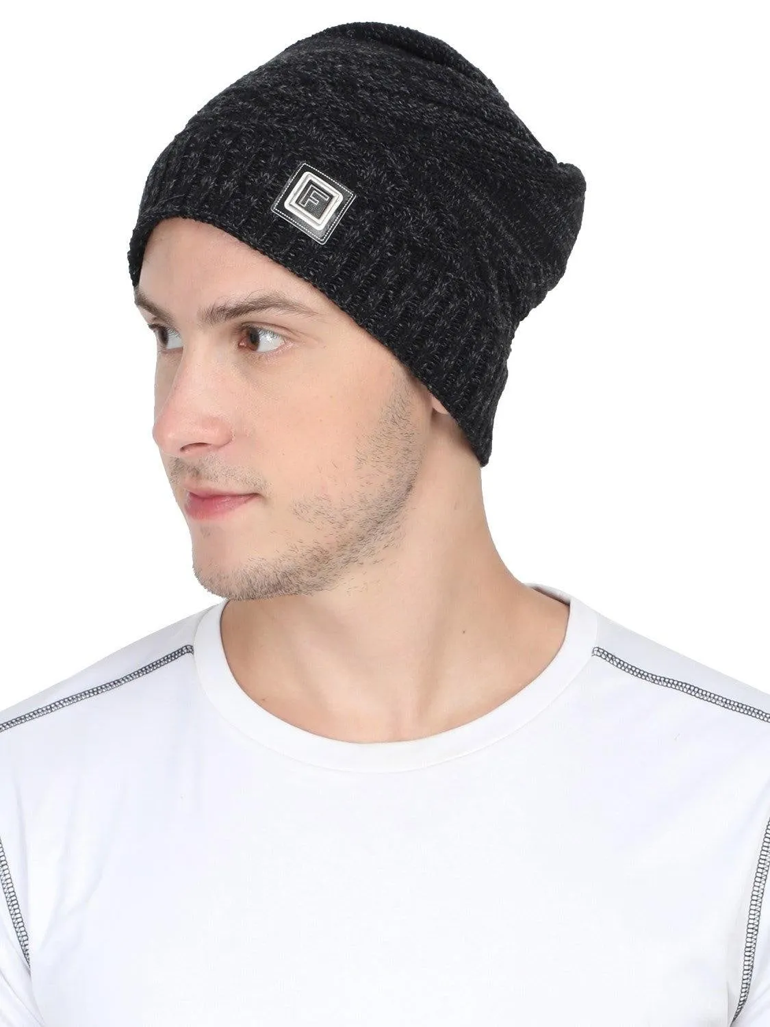 Fabseasons Unisex Acrylic Black Woolen Beanie for winters with faux fur lining