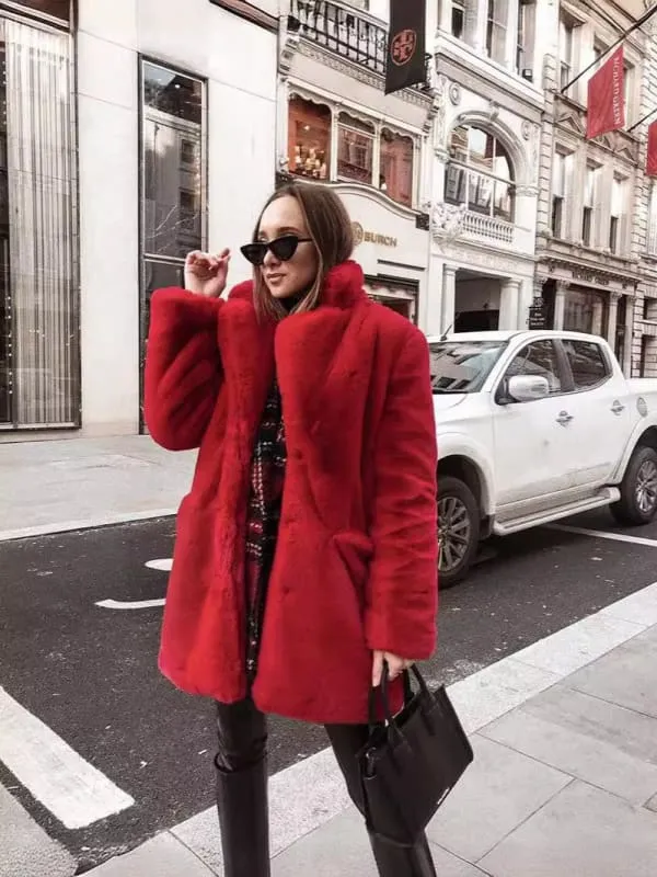 Fluffy Fur Plush Warm Coat in Wine Red for Cozy Chic Style