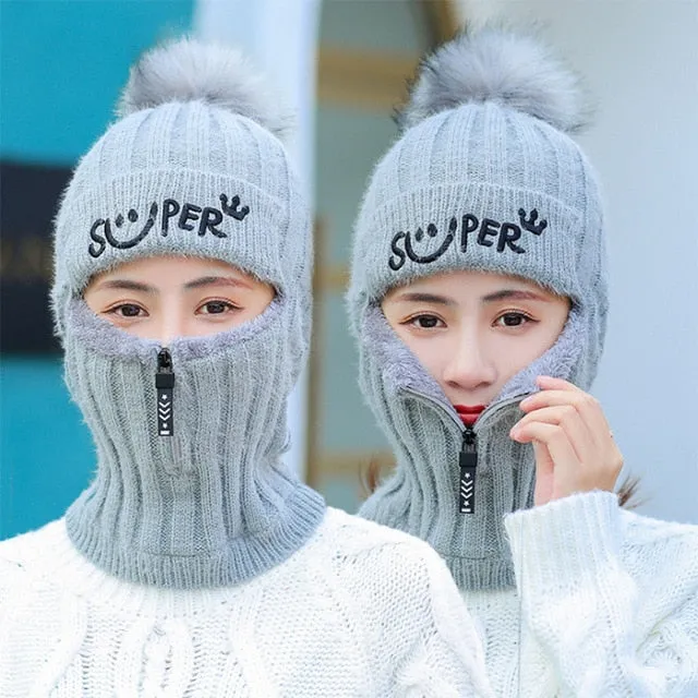 Fur Lined With Zipper Face Warmer Balaclava Pompoms Outdoor Knitted Woolen Warm Winter Cap