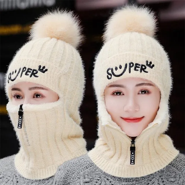 Fur Lined With Zipper Face Warmer Balaclava Pompoms Outdoor Knitted Woolen Warm Winter Cap