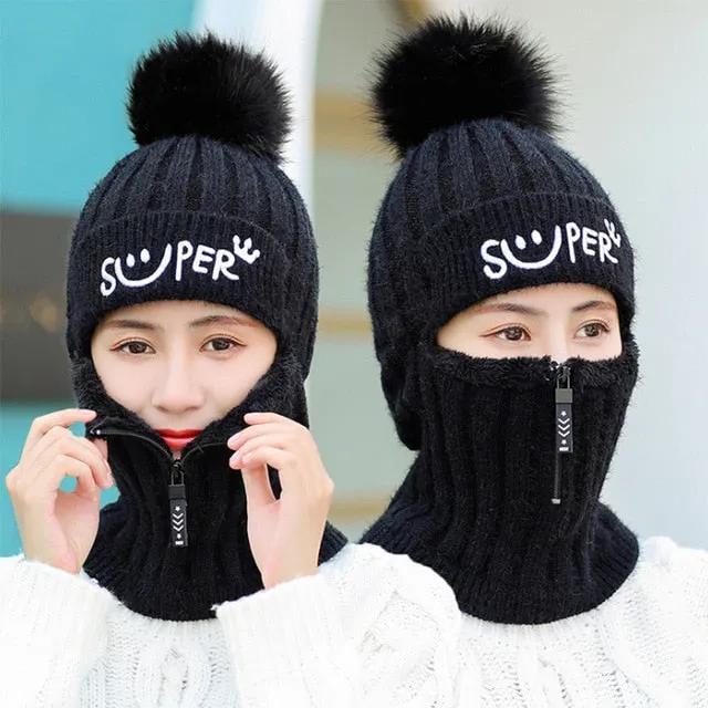 Fur Lined With Zipper Face Warmer Balaclava Pompoms Outdoor Knitted Woolen Warm Winter Cap