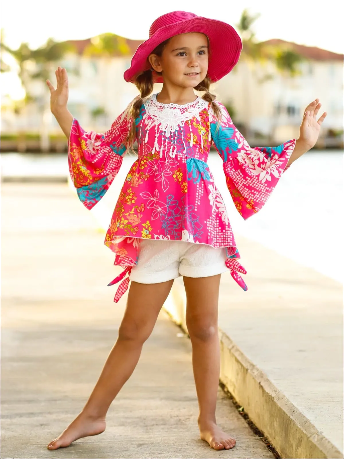 Girls Crochet Fringe Bib Boho Sleeve Tunic And Cuffed Bow Short Set