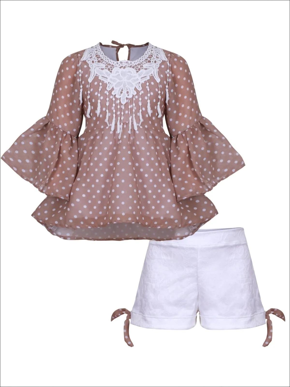 Girls Crochet Fringe Bib Boho Sleeve Tunic And Cuffed Bow Short Set