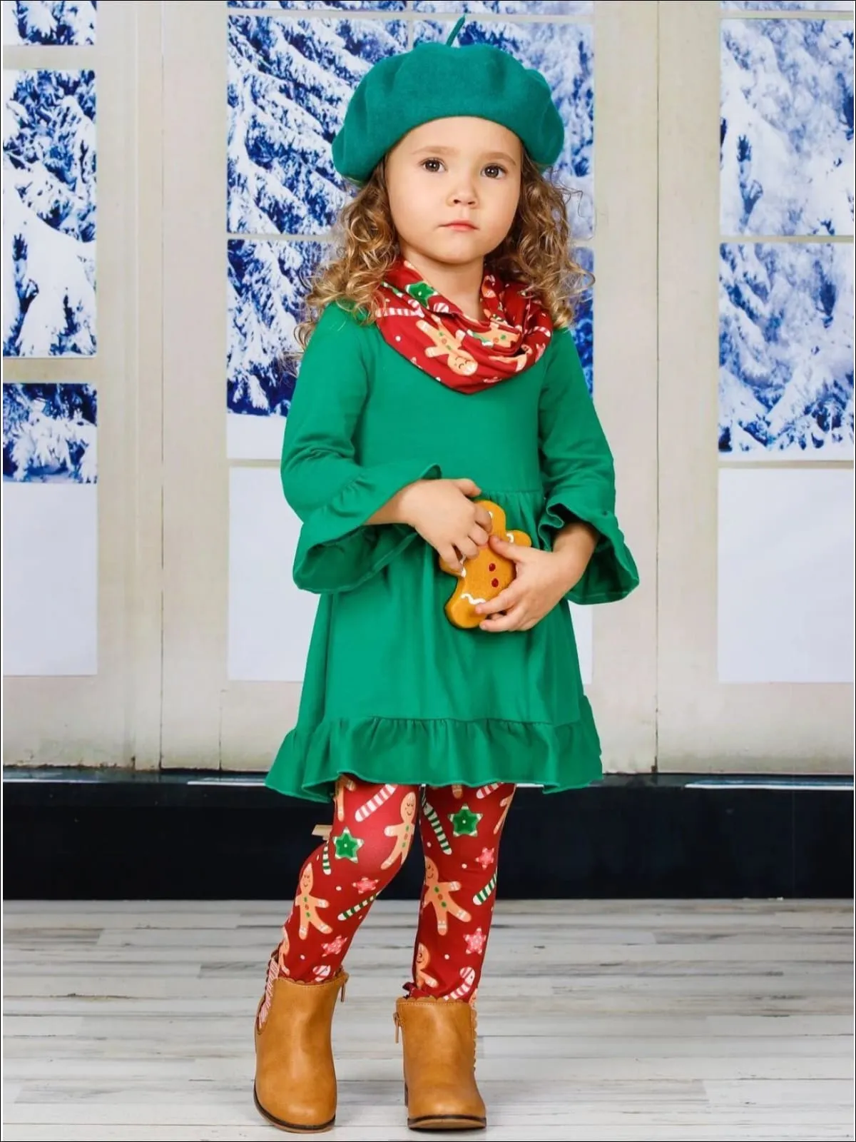 Girls Gingerbead Ruffled Tunic, Leggings and Scarf set