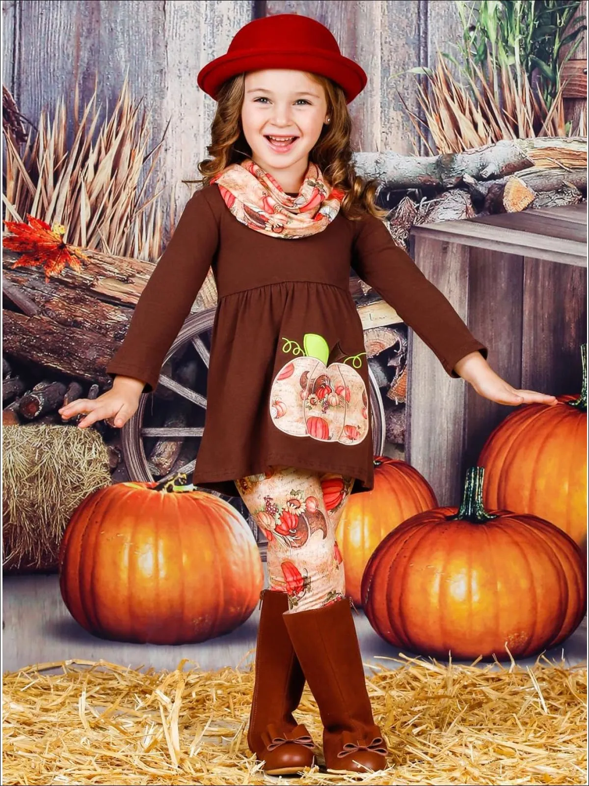 Girls Pumpkin Print Long Sleeve Tunic, Leggings And Scarf Set