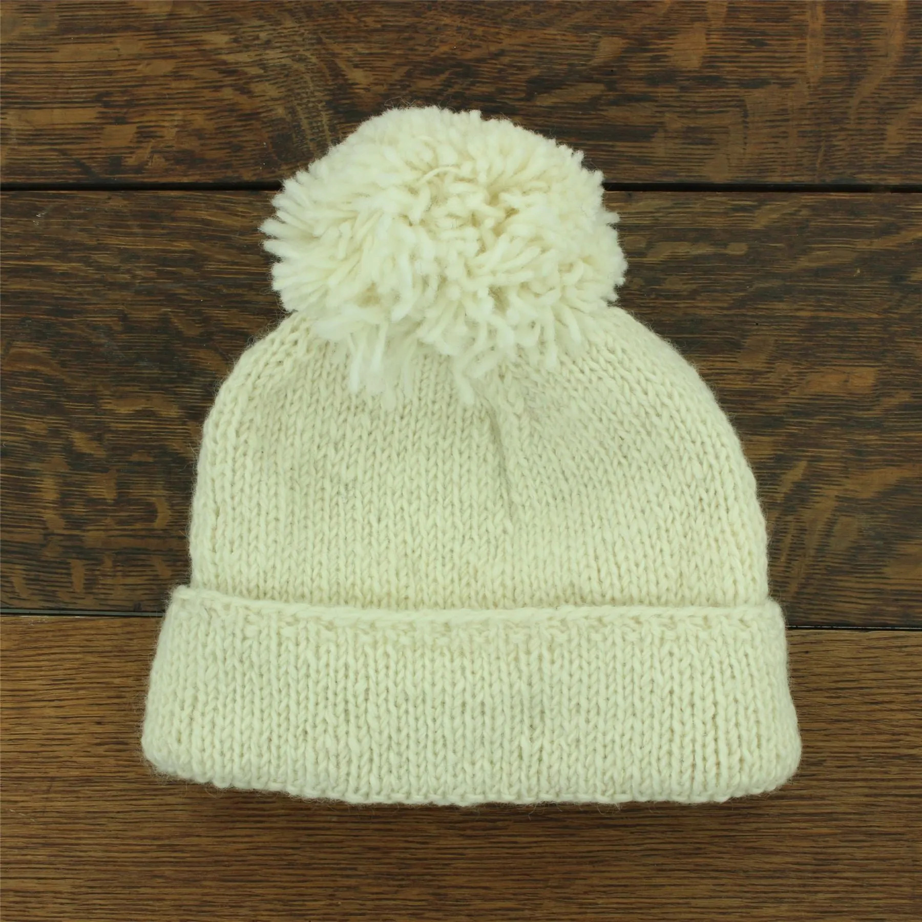 Hand Knitted Wool Beanie Bobble Hat - Plain Cream