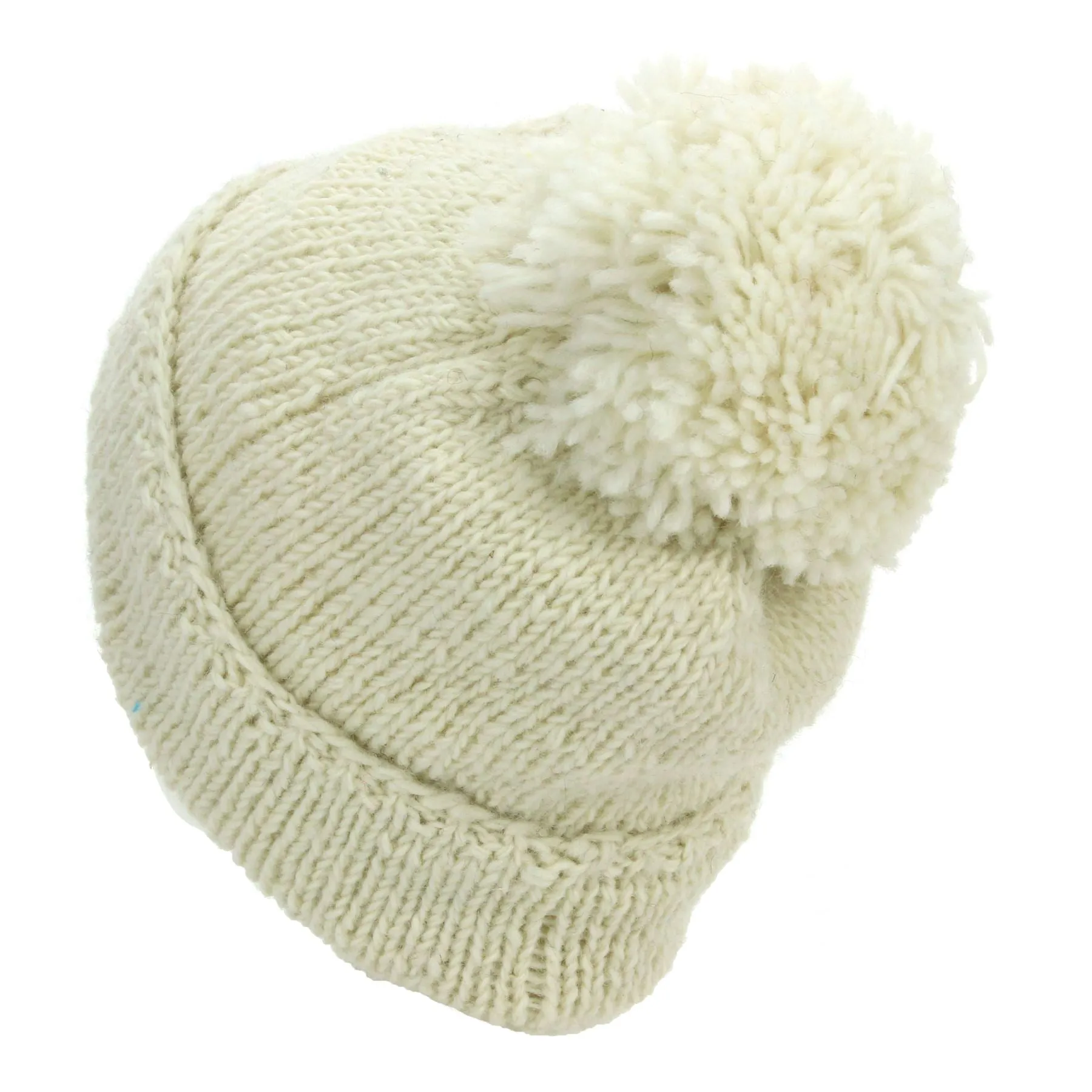 Hand Knitted Wool Beanie Bobble Hat - Plain Cream