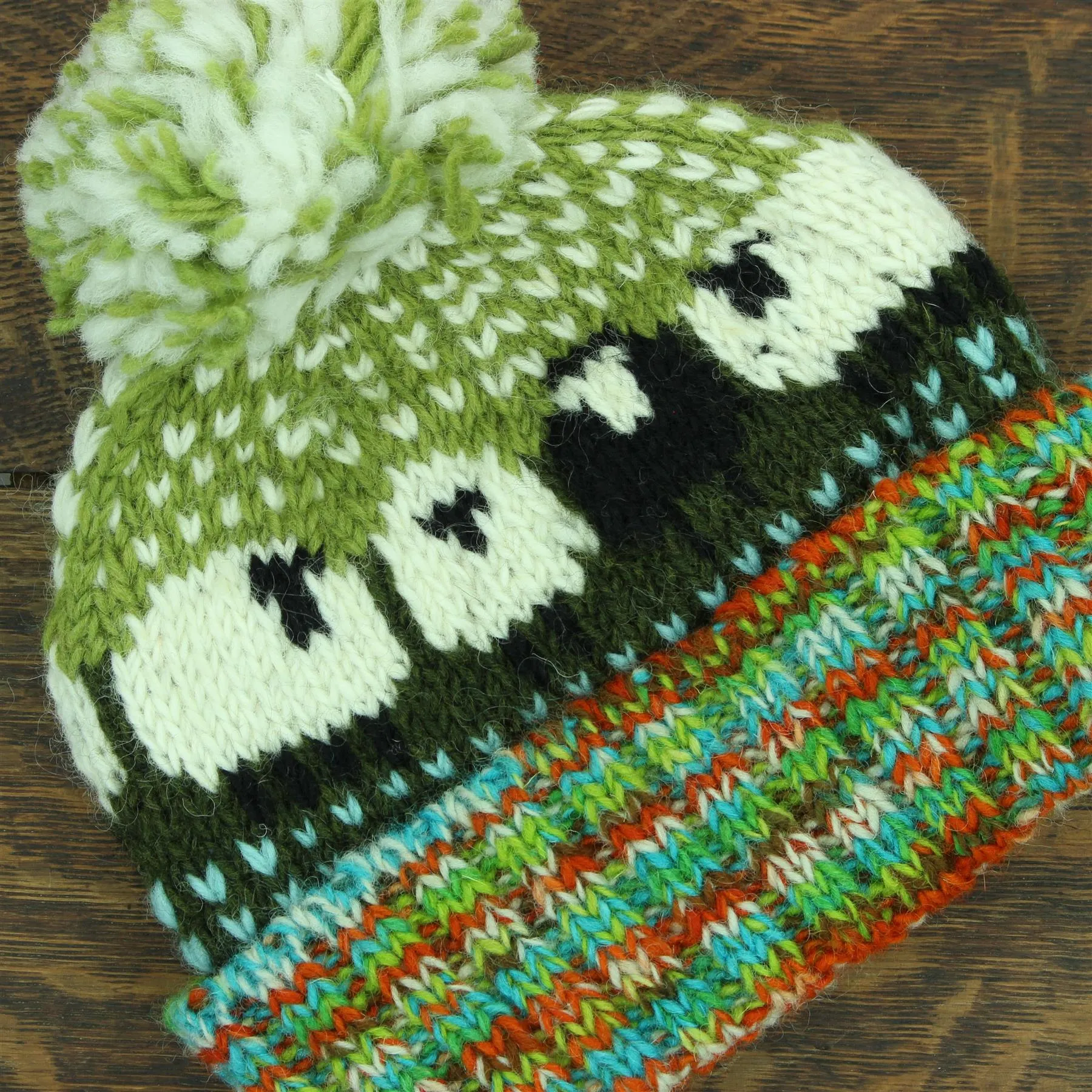 Hand Knitted Wool Beanie Bobble Hat - Sheep - Green Multi