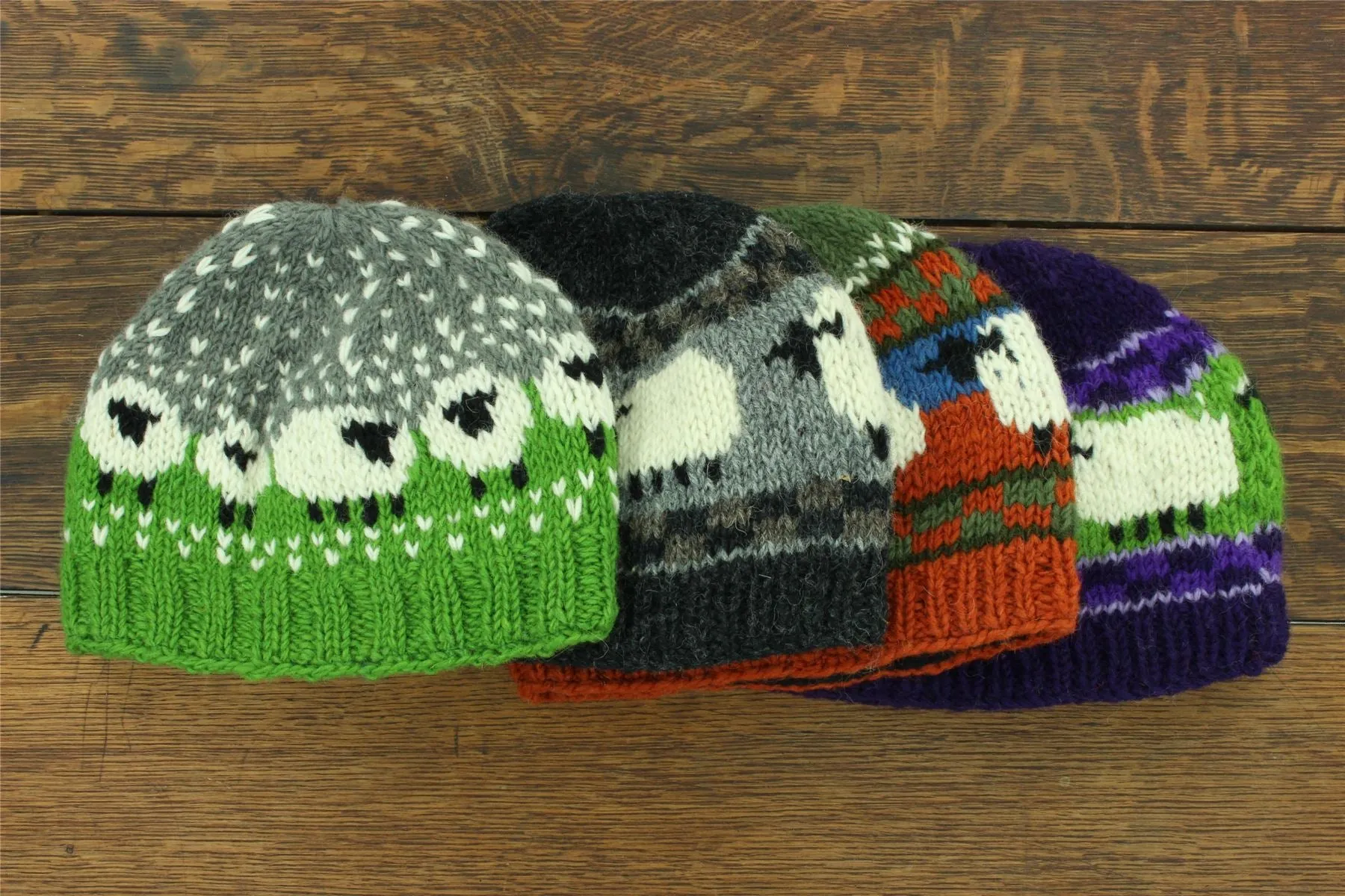 Hand Knitted Wool Beanie Hat - Sheep Purple Green