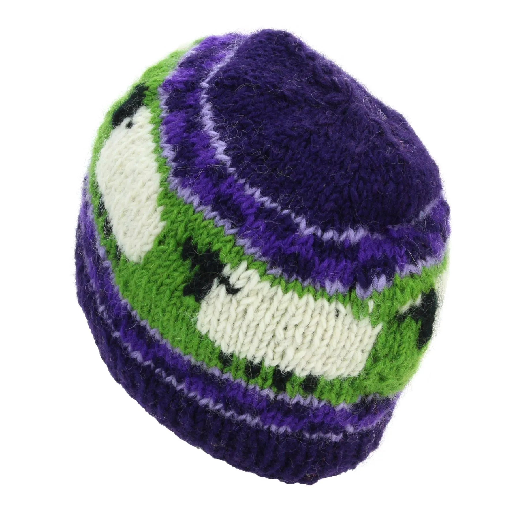 Hand Knitted Wool Beanie Hat - Sheep Purple Green