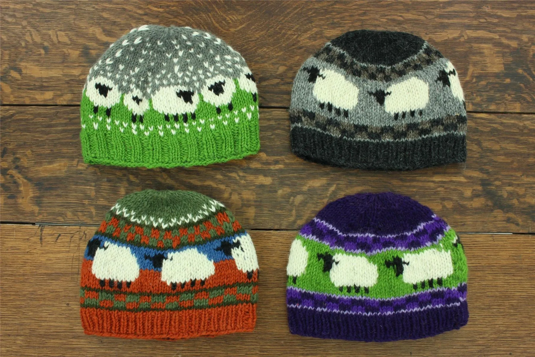 Hand Knitted Wool Beanie Hat - Sheep Purple Green