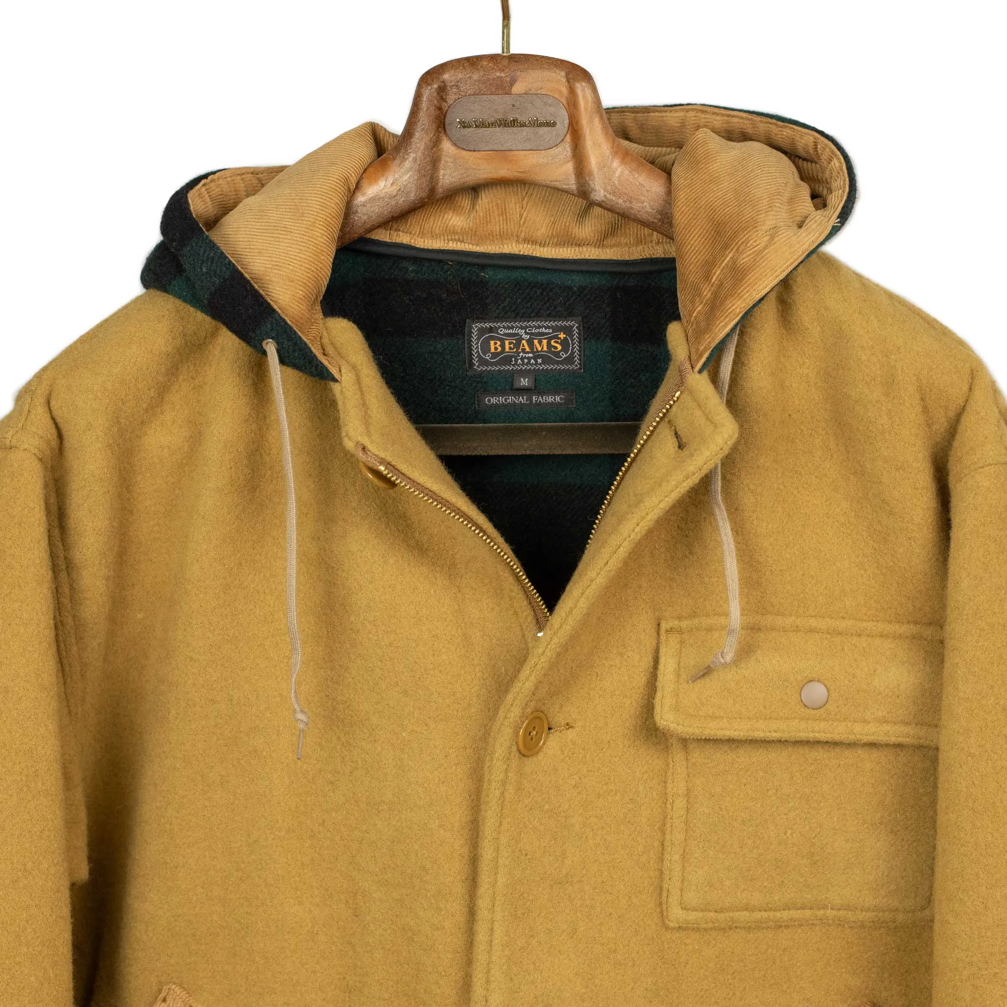 Hunting parka in camel heavy melton wool with blackwatch lining