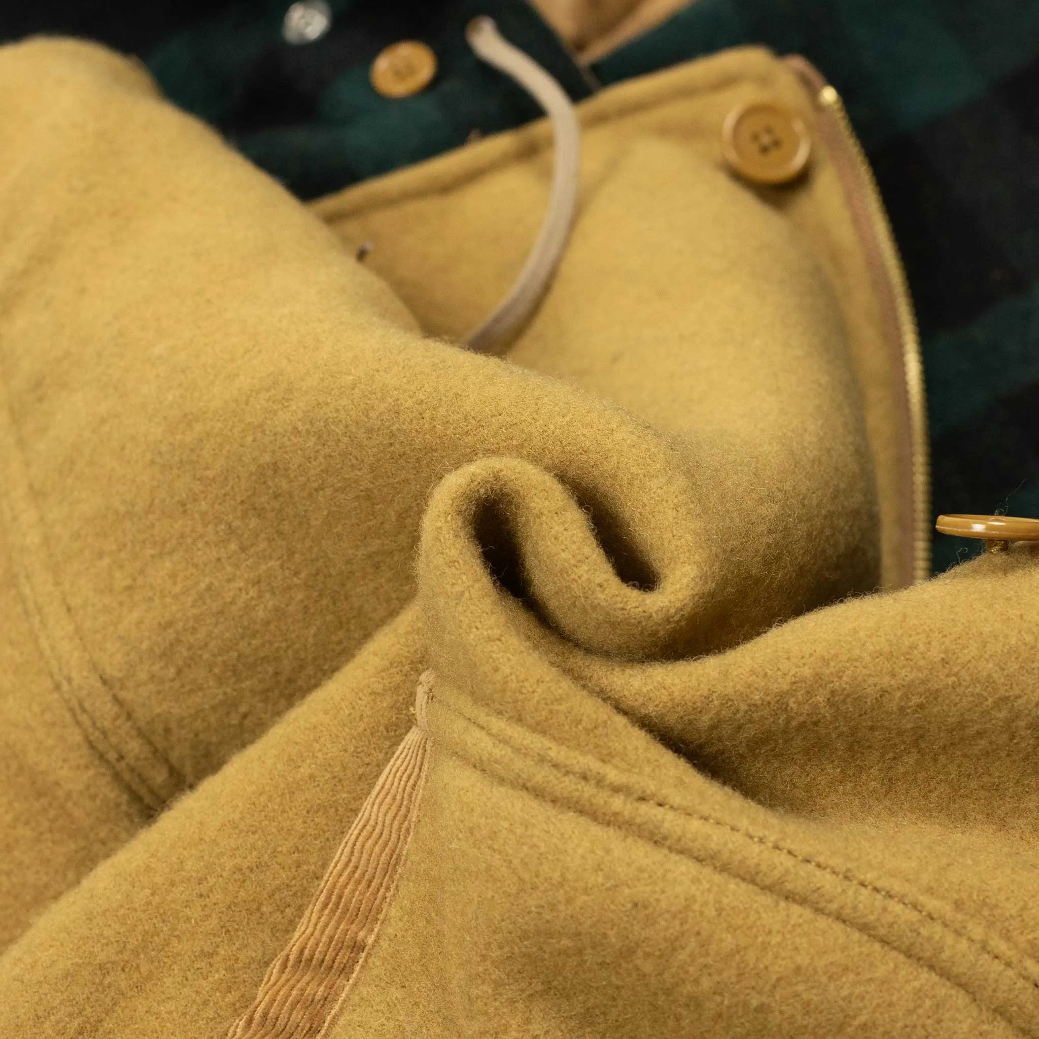 Hunting parka in camel heavy melton wool with blackwatch lining