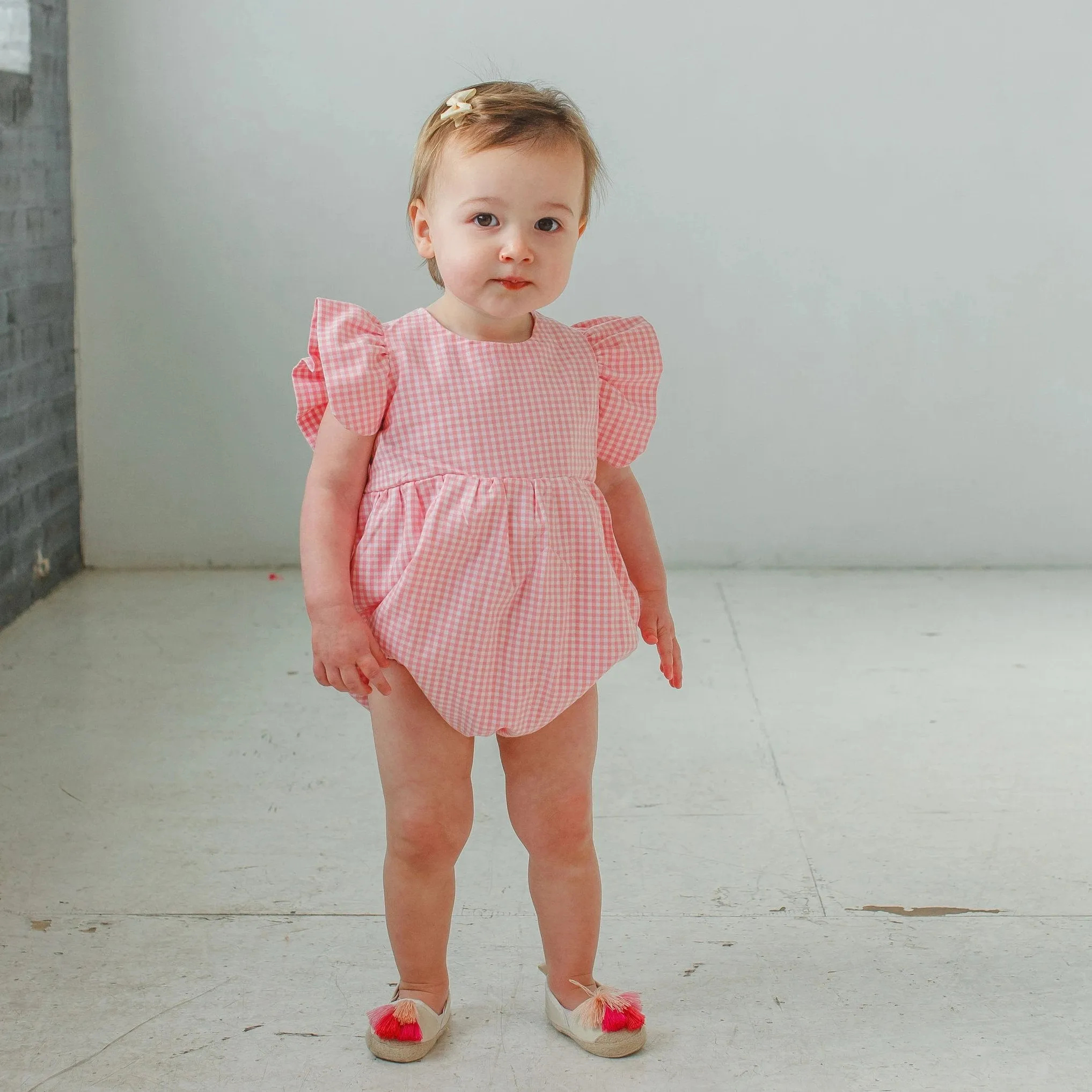 Infant Girl's Pink Gingham Ruffle Sleeve Romper